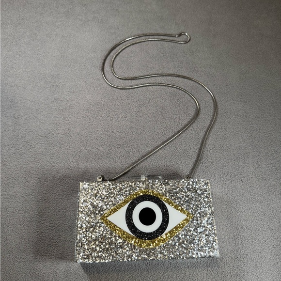 Silver Glitter Evil Eye Clutch with Strap - Picture 7 of 12